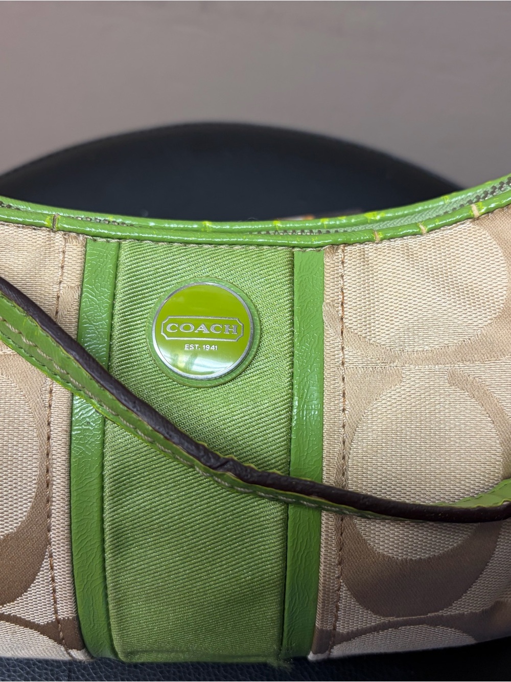 Coach Beige Signature Canvas Shoulder Bag with Lime Green Trim